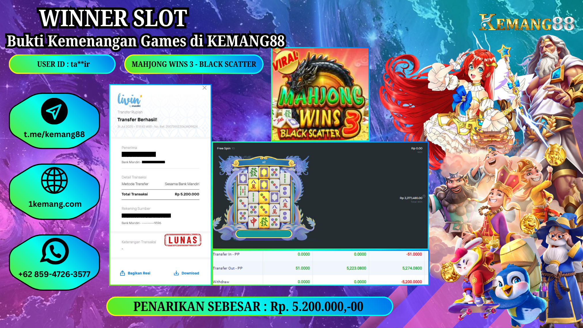 KEMANG88 [31 JULY 2025] : JACKPOT SLOT : MAHJONG WINS 3 - BLACK SCATTER [PP]  Rp.5.200.000.,- LUNAS